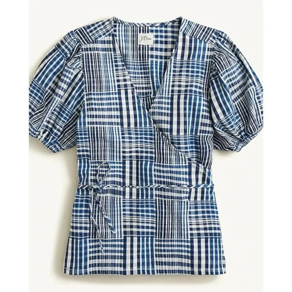 J.Crew Puff Sleeve Wrap Top Indigo Plaid Patchwork Cotton Blouse Size XS - Picture 2 of 15
